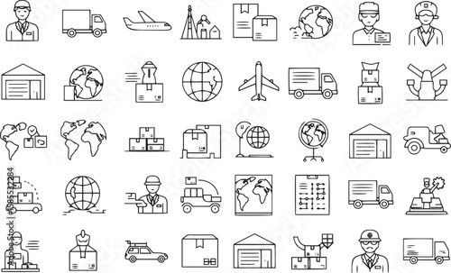 Collection of outline icons representing logistics transportation and global shipping services
