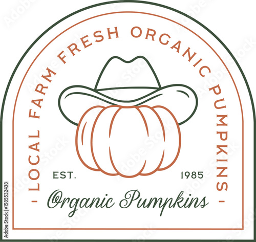 Organic pumpkins local farm fresh quality logo badge label sticker sign design packaging vegetable illustration. Natural retro vintage country cowboy hat fall season aesthetic market text clipart.