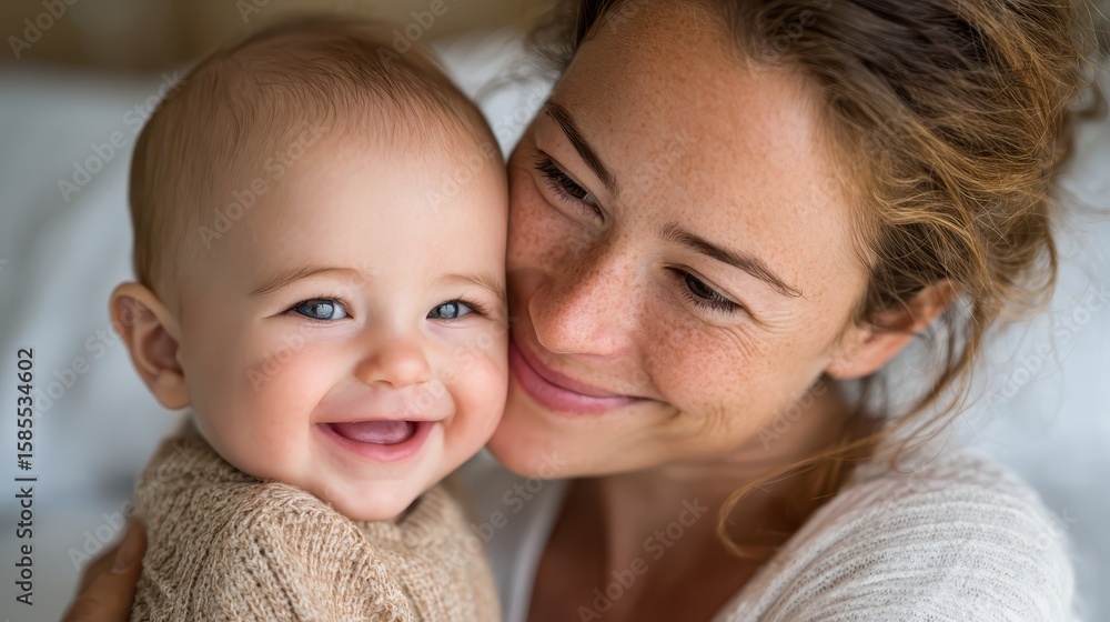 Joyful bonding moment between mother and smiling baby in cozy setting Joyful bonding moment between mother and smiling baby in cozy setting