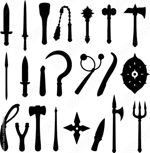 Collection of silhouetted medieval and ancient weaponry including swords axes maces spears and more isolated on white background