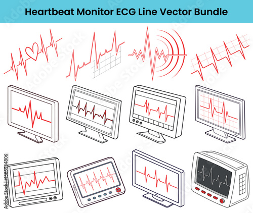Heartbeat Monitor ECG Line Bundle Medical Displays with Heart Rhythm Traces in Red