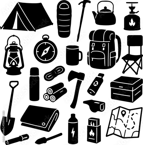 Collection of black silhouette camping and outdoor adventure equipment icons including tent sleeping bag backpack compass lantern axe and map