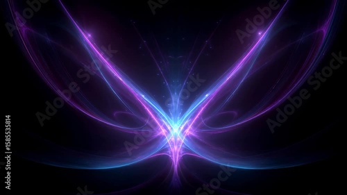 A neon butterfly pattern fractal artwork with glowing energy in blue and magenta  glows in dark space showing symmetrical energy, digital art and vibrant abstract style