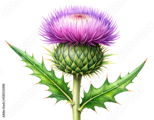 Single Scottish Thistle Flower with Long Stem, Botanical Illustration Style, isolated on transparent background. 