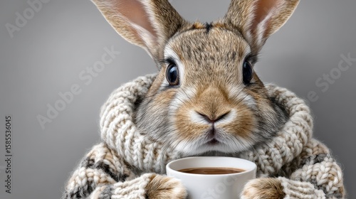 Cute bunny enjoying a warm drink in cozy sweater during winter days