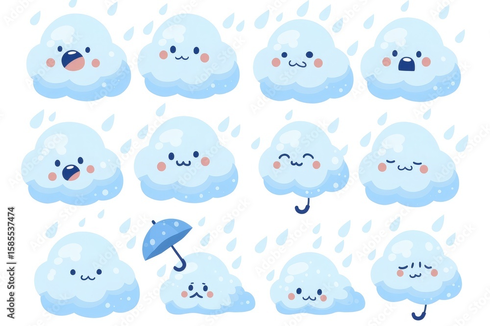 Fototapeta premium A set of cute cartoon cloud character icons with various expressions and emotions