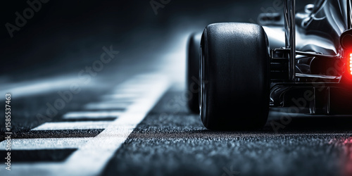 Close-up of the rear wheel with the tire of a Formula One racing car on the track in race
