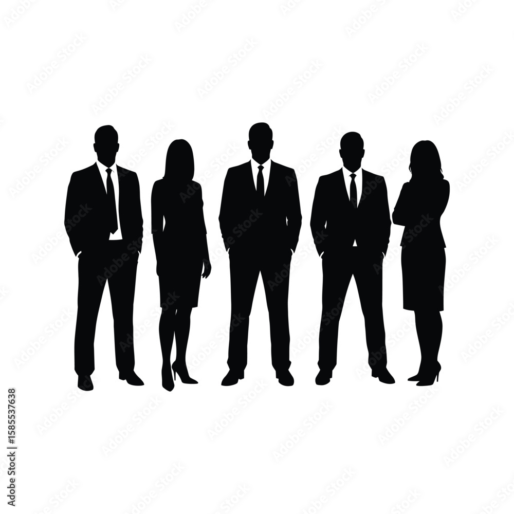 Silhouette of a business team four professionals two men and two women standing together in suits Silhouette of a business team four professionals two men and two women standing together in suits