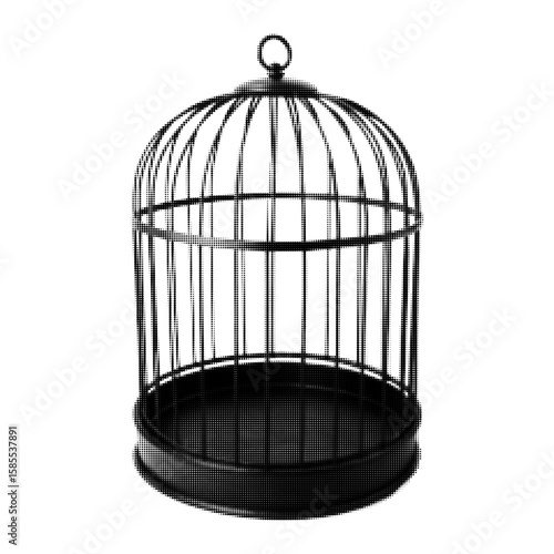 Vintage black birdcage in engraving style. Isolated antique cage illustration for retro design, tattoo, logo, or Victorian theme.