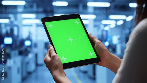 Woman holding tablet with green screen interface in industrial setting