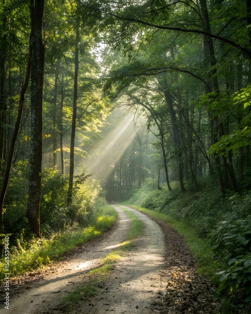 Fototapeta premium A winding dirt path through a lush green forest. Sunlight filters through the trees, creating a serene and tranquil atmosphere.