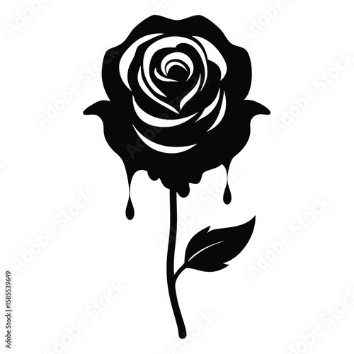 Gothic black rose illustration with dramatic dripping ink effect and dark moody aesthetic