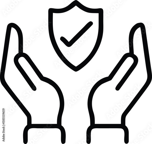 Hand holding shield with check mark icon outline for protection concept