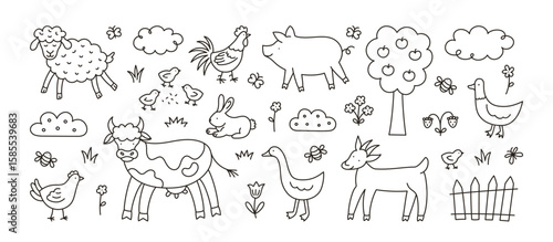 Set of cute doodle farm animals. Hand drawn country cow, duck, goose, rooster, goat, chicken, sheep, rabbit, pig, flowers, apple tree. Funny rural livestock. Kids line graphic vector illustration.
