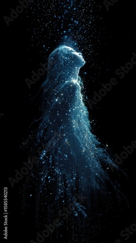 Glowing woman figure made of water and stars looking up. Spiritual awakening and enlightenment.