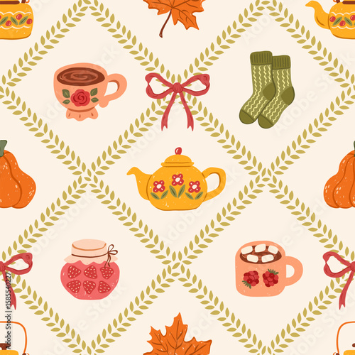 Vintage cute fall patchwork seamless pattern with bows, pumpkins, teapot, autumn leaves, jam, socks, mug. Thanksgiving day cozy wallpaper. Vector trendy print, preppy fall quilt, mosaic background.