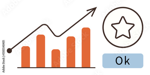 Bar graph with upward arrow representing growth, alongside a star in a circle and Ok text. Ideal for success, feedback, growth, achievement, progress, performance analytics. Clean simple flat