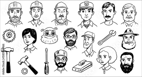 Hand-drawn black and white line art collection: diverse male and female workers, tradespeople, engineers, and a unique creature, alongside essential construction and industrial tools.