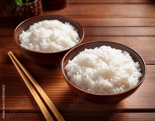 una mesa de madera con dos tazones o platos de arroz blanco organico y natural con palillos de madera para comer comida saludable vegetariana sobre una mesa de comedor