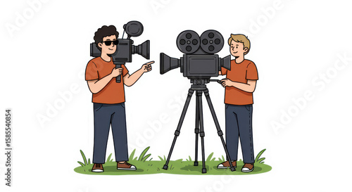 Cartoon Filmmakers with Vintage and Handheld Cameras
