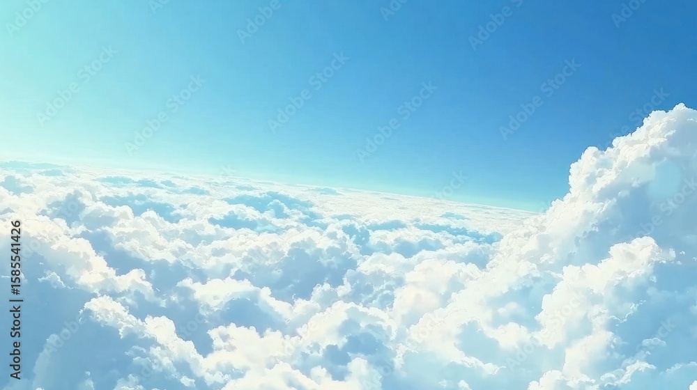 Aerial perspective showcases a fluffy sea of clouds beneath bright sky Aerial perspective showcases a fluffy sea of clouds beneath bright sky