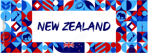 New Zealand  Colorful Geometric Banner with Cultural Symbols and Flag Elements