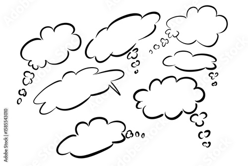 Diverse collection of black and white hand-drawn speech and thought bubbles, providing ample space for your textual content and ideas.