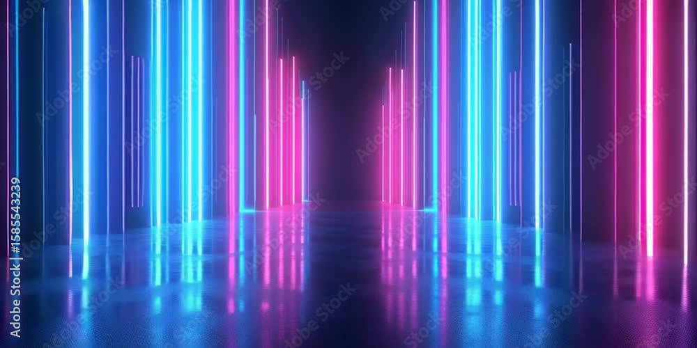 Neon dark stage in empty room: neon lights changing color, spotlights, dark blue, purple, pink - dance floor, gaming stage. Futuristic Laser light tunnel. Abstract background or backdrop zoom in path.