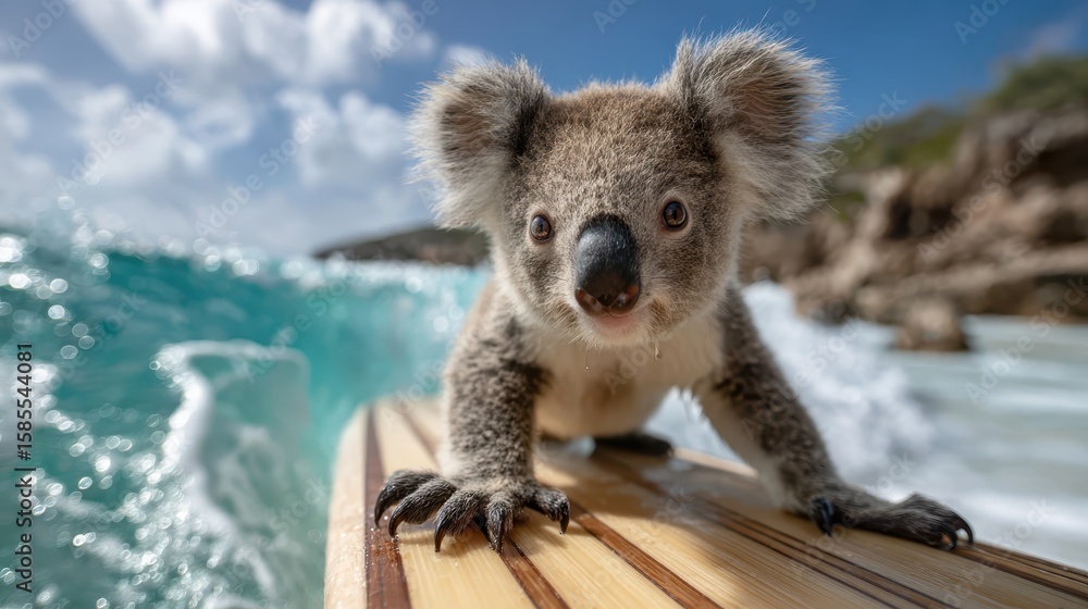 Fototapeta premium Koala enjoys a day on the surfboard at a sunny beach