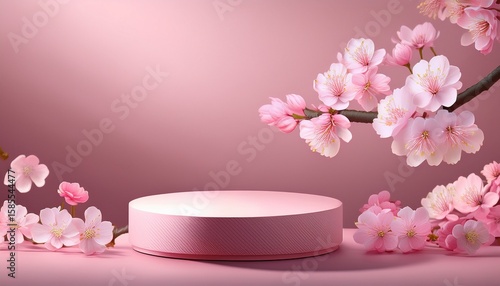 product podium with cherry blossom in pink pastel colors for product presentation mockup