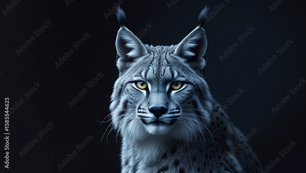 Obraz premium A striking portrait of a lynx set against a solid black background, highlighting its sharp features and piercing gaze