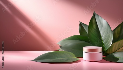 natural skincare product display with green leaves and pink background organic cosmetic bottle and jar on pink stage with sunlight