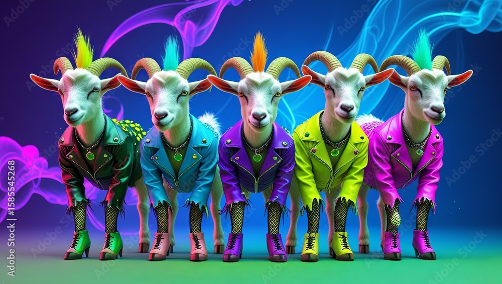 Fototapeta premium A herd of goats wearing glittery, neon-colored rock punk costumes, posed in front of a lively background with room for text—perfect for ads, commercials, or party invites