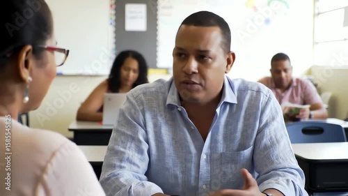 Concerned hispanic man attentively listens and talks during a parent teacher meeting in a classroom