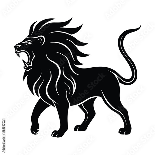 Black lion roaring with flowing mane silhouette