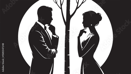 Black vector silhouette illustration of young lovers in a romantic embrace