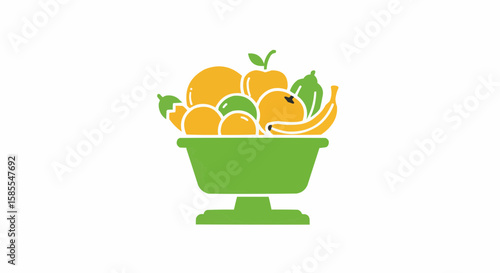 Illustration of a green bowl overflowing with various fruits like oranges and bananas in bright colors