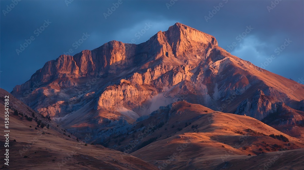 Naklejka premium Elegant Orange Sunset Glowing Behind Mountain Ridge Scene 