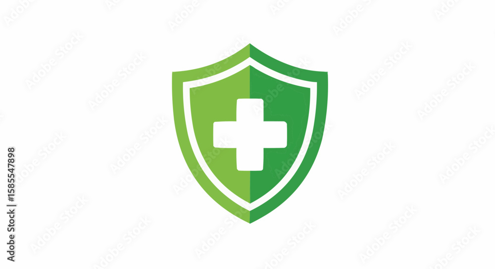 Fototapeta premium Green shield with a white plus sign in the center representing health and protection concept design