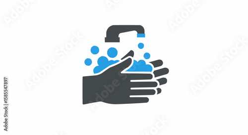 A graphic illustration showing hands being washed under a faucet with water and bubbles on a white background
