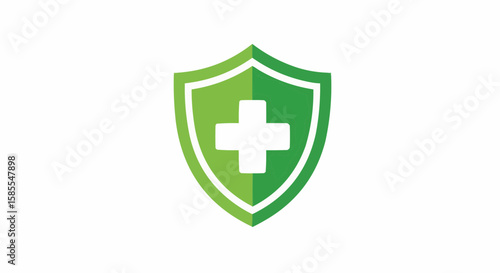 Green shield with a white plus sign in the center representing health and protection concept design