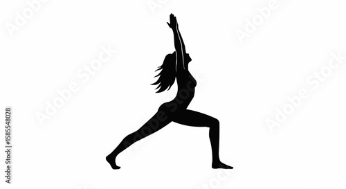 Silhouette of woman in warrior one pose with arms raised in a yoga or fitness related image