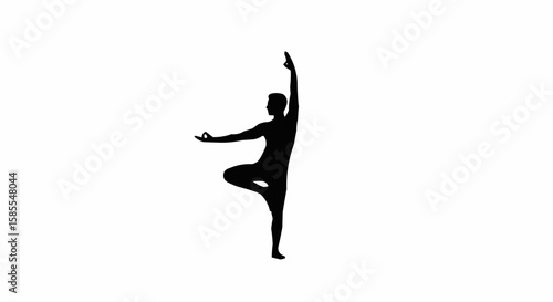Silhouette of a man in tree pose with hands in mudra on a white background is shown here today
