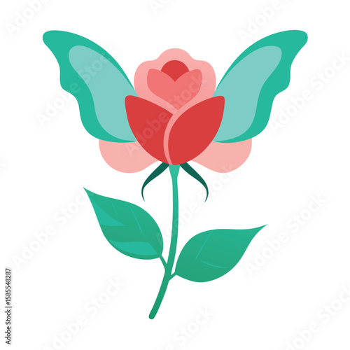 Artistic illustration of a delicate butterfly with vibrant rose petal wings gracefully hovering above a single blooming flower
