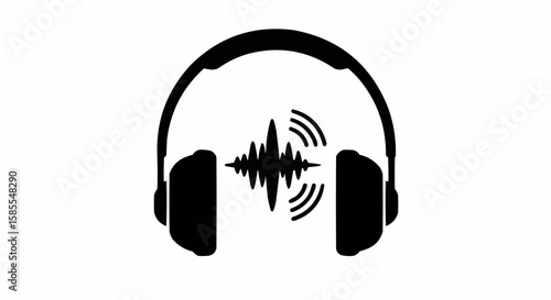 Black headphones with sound wave in the center on a white background in simple vector illustration
