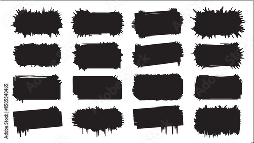 Set of grunge black ink paint splashes, vector illustration with vintage border and retro tag decoration