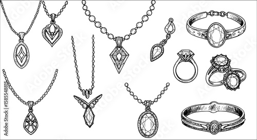 Hand-Drawn Jewelry Collection: Detailed Sketches of Elegant Necklaces, Assorted Pendants, Solitaire Diamond Rings, Gemstone Bracelets, and a Dangle Earring in Line Art.