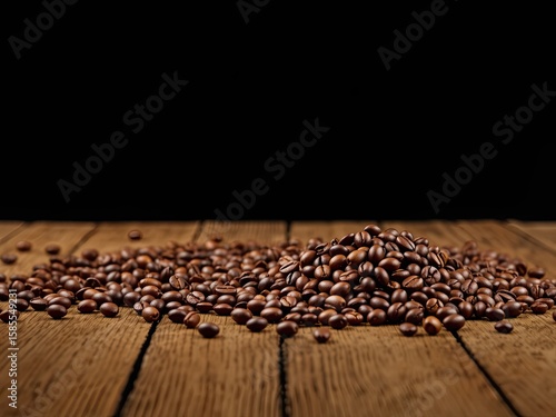 Coffee Beans on Wooden Surface, Black Backdrop