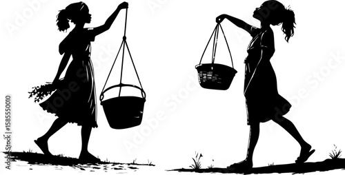 Rural Women Carrying Water Buckets with Yoke Silhouettes
