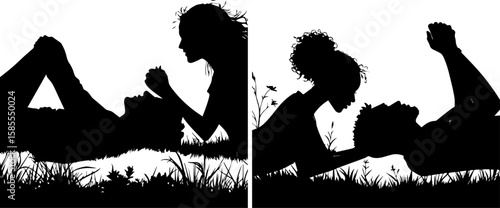 Romantic Couple Relaxing Outdoors Silhouettes